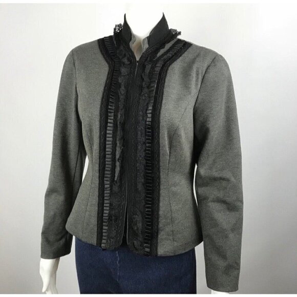 Coldwater Creek Womens Sz 8 Ponte Knit Ruffled Lace Blazer Jacket Stretch m Gray - Picture 6 of 12